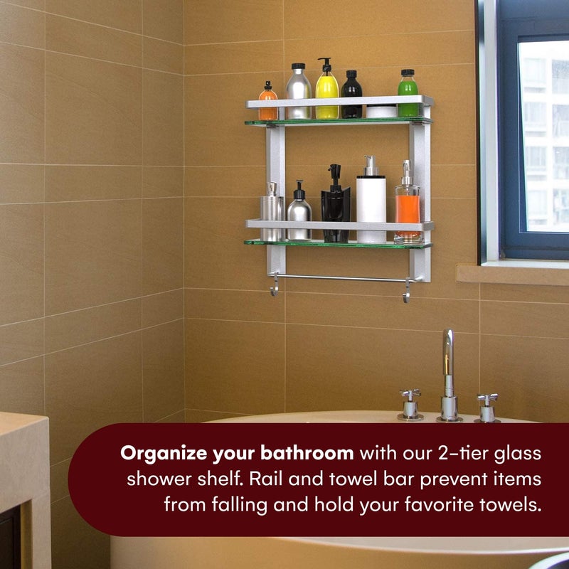 Vdomus Glass Bathroom Wall Organizer - 2-Tier Glass Shelf with Integrated Towel Bar - Wall Mounted Shower Storage - 15.2 by 5 inches - Brushed Silver Finish - Image 4
